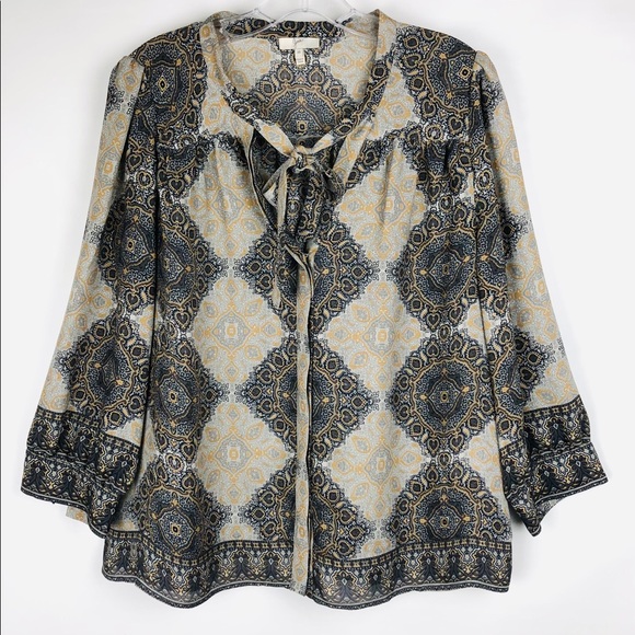 Joie grey gold 100% silk button front tie blouse - Picture 2 of 11